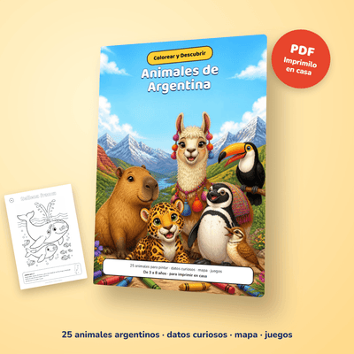 Libro para Colorear Animales de Argentina: 25 Dibujos + Datos Curiosos, Mapa y Juegos (PDF para imprimir)