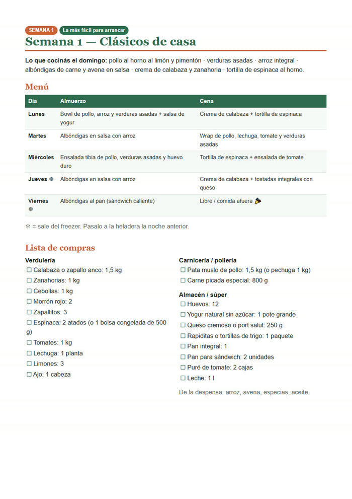Menú y lista de compras