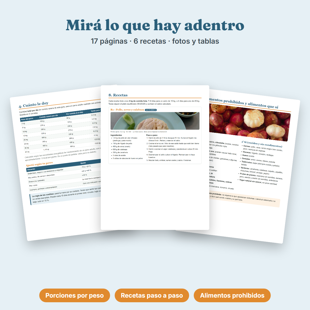 Páginas interiores del ebook de recetas caseras para perros: tabla de porciones, receta paso a paso y alimentos prohibidos