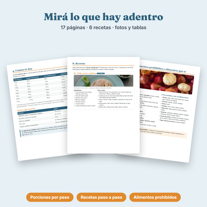 Páginas interiores del ebook de recetas caseras para perros: tabla de porciones, receta paso a paso y alimentos prohibidos