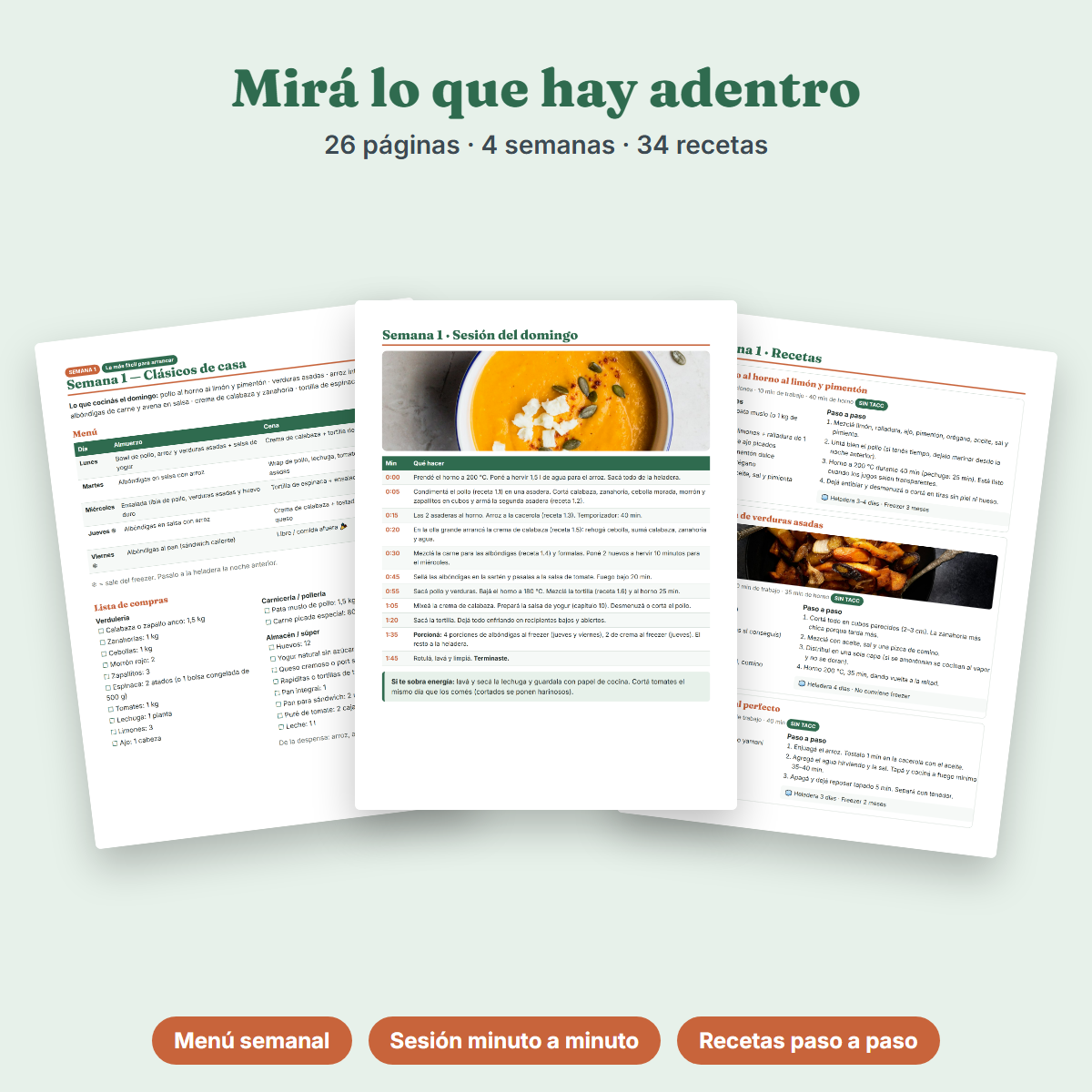 Páginas interiores del ebook: menú semanal, sesión de cocina minuto a minuto y recetas paso a paso