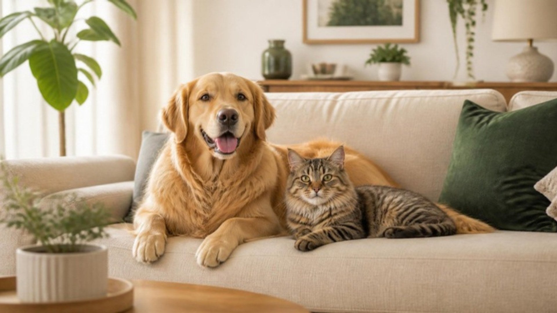 Perro y gato descansando en un sillón